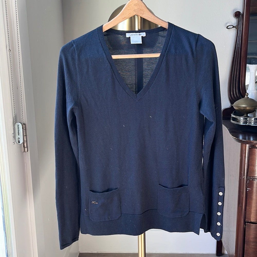 lacoste v-neck cotton sweater - navy - size 34 euro